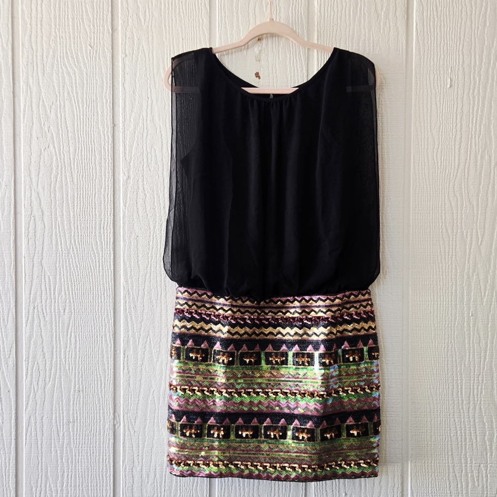 Aiden Mattox Black Chiffon Sleeveless Blouson Top Multicolor Sequin Skirt sz 8